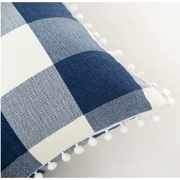 Classic Blue/White Gingham Pompom Farmhouse Preppy Throw Pillow Cover Set - Picture 4 of 8
